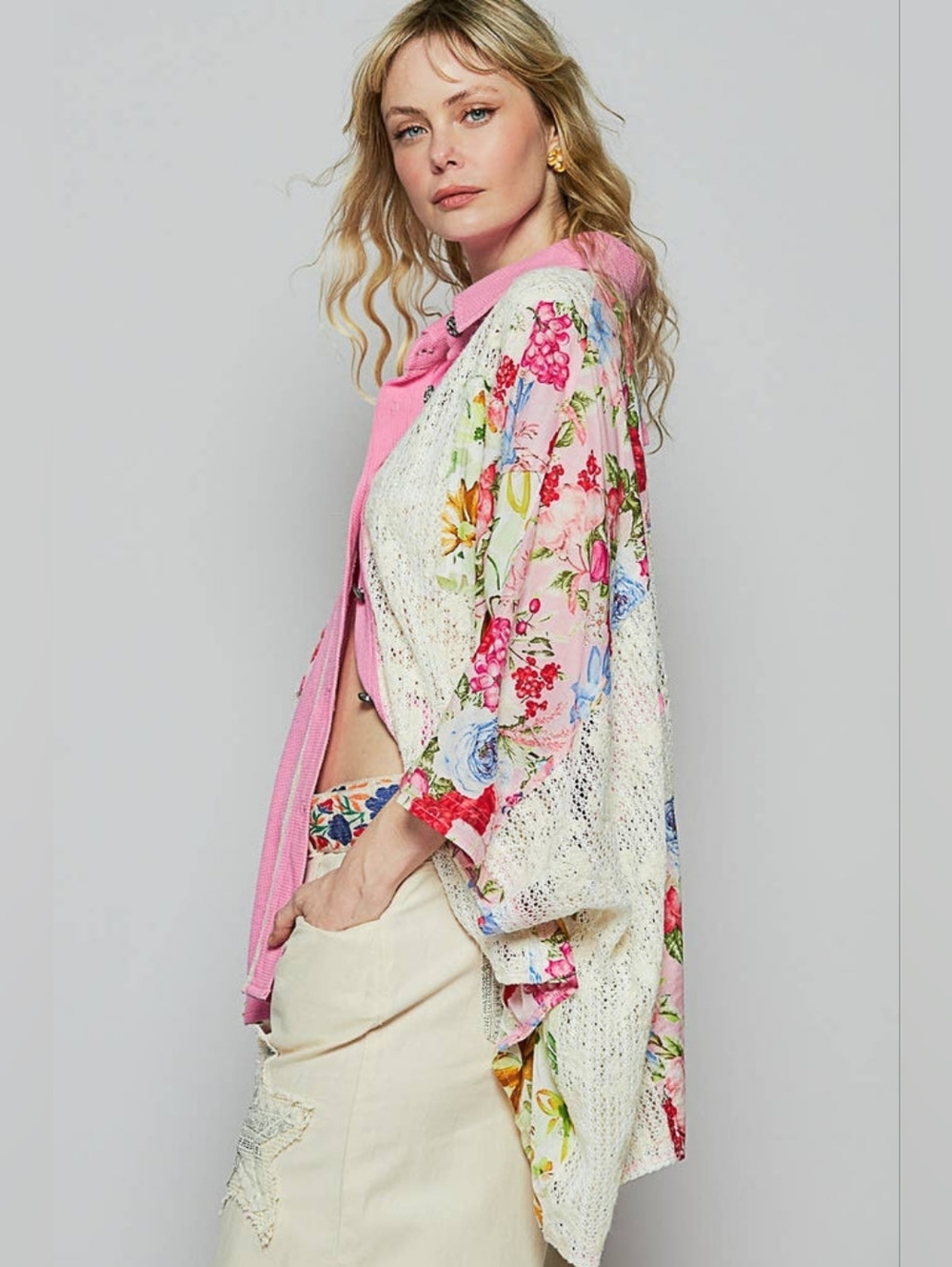 POL Pink Floral Patchwork Lace Button-Up Shirt - Picture 16 of 16